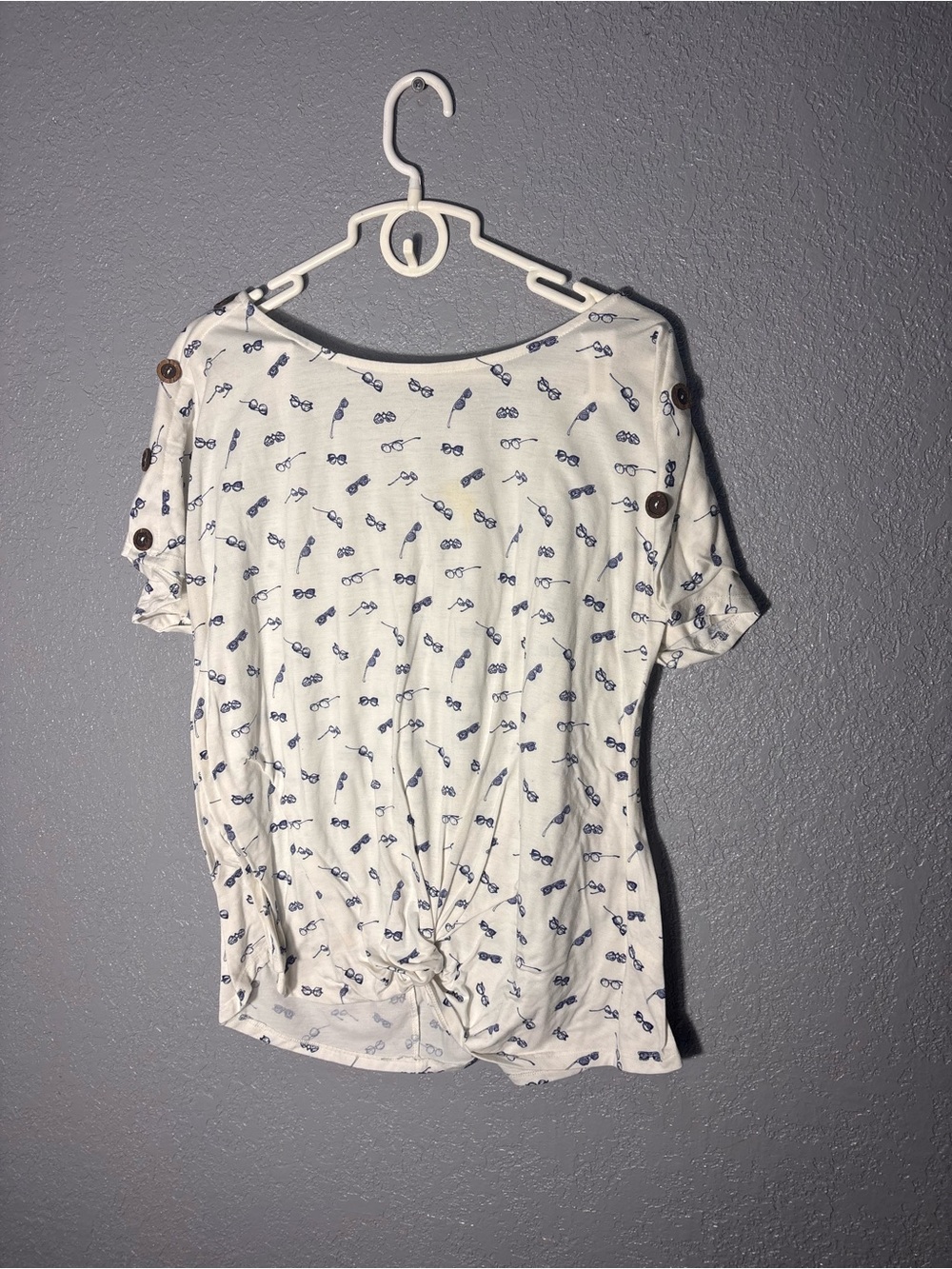 Women's White Short Sleeve Knot-Front Top with Blue Sunglass Print
